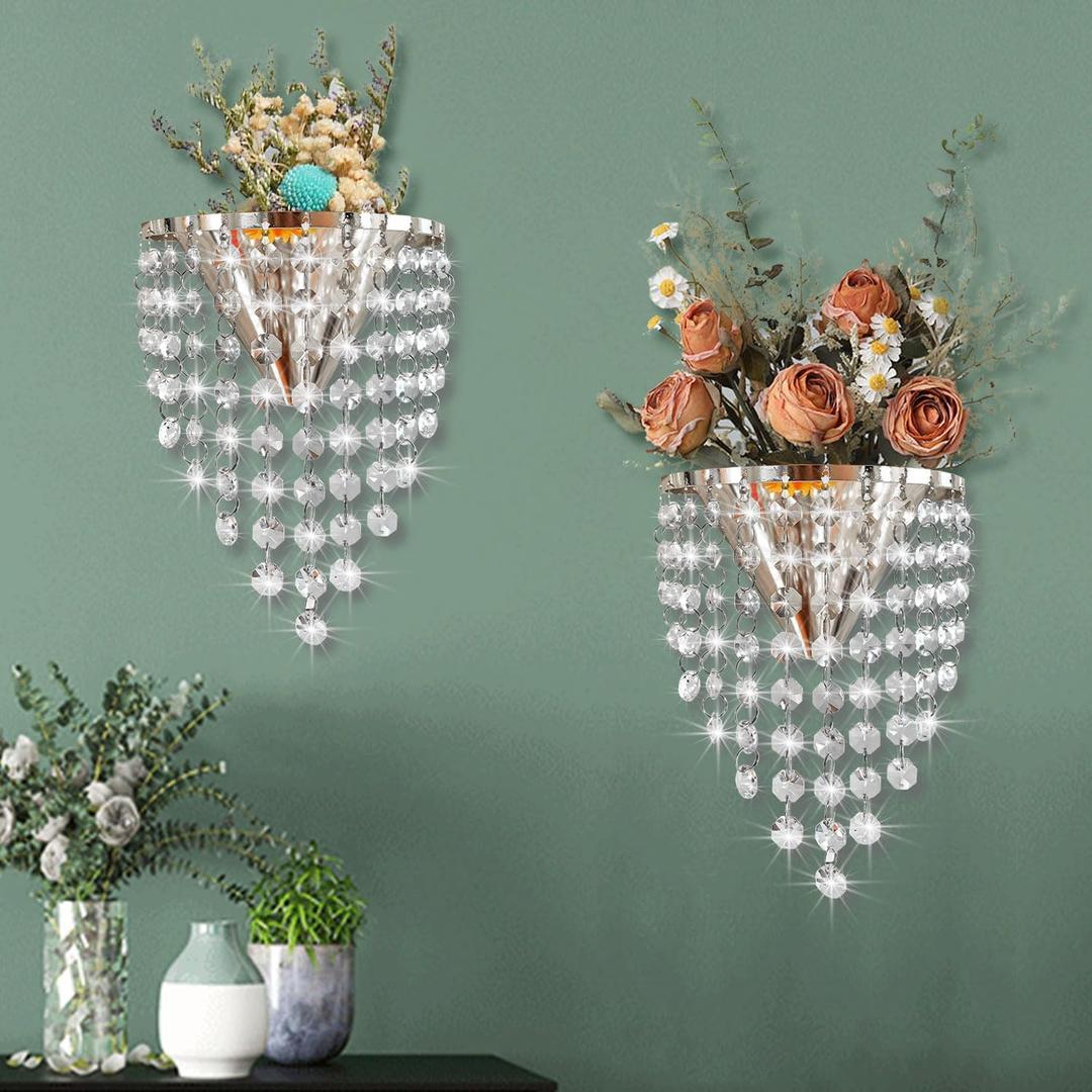 2 Pack Metal Flower Vase for Wall Crystal Vase Decor Hanging Decoration Floral Holder for Home Office Living Room Bedroom Bathroom (Silver)