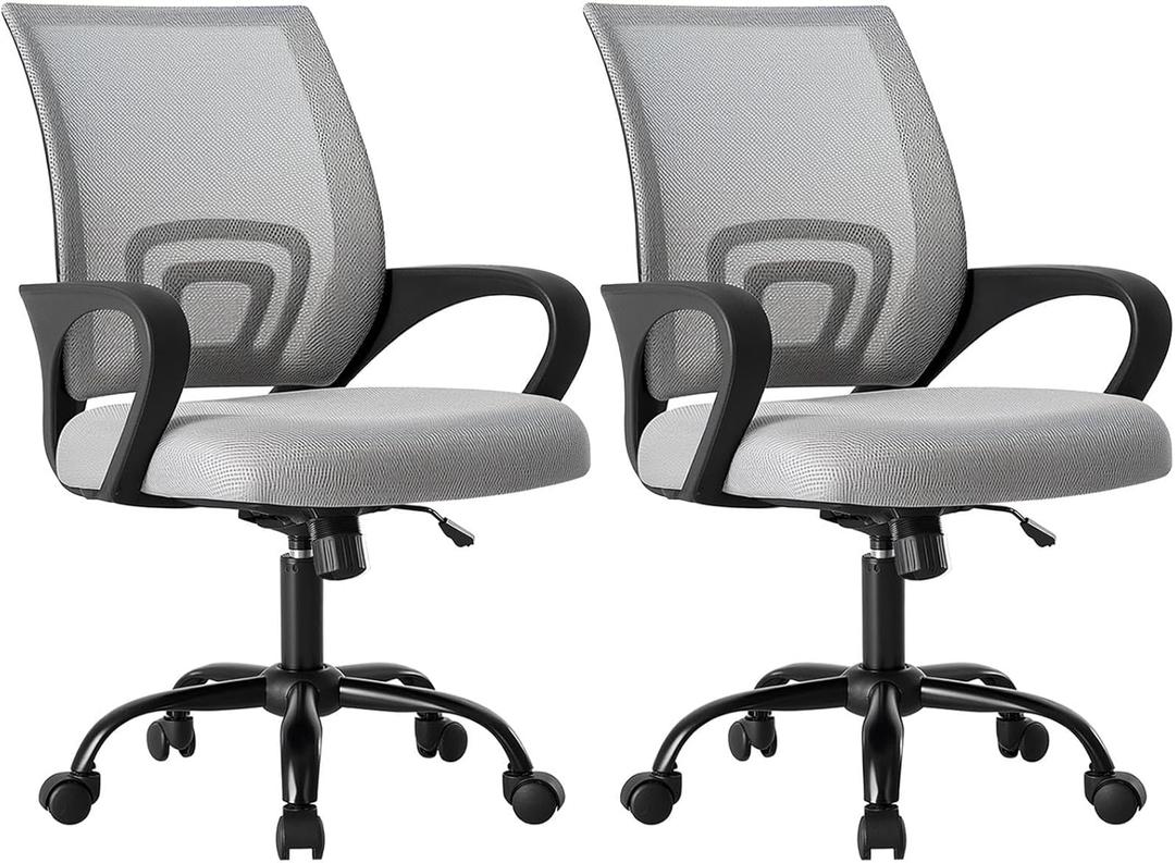 OLIXIS Office Desk Chair - Ergonomic Mid Back with Lumbar Support & Rocking Mode, Height Adjustable with Fixed Armrest, for Home, Computer, Gaming, Conference, Meeting Room, 360 Swivel, Grey, 2 Pack