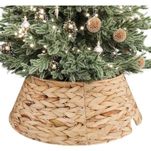 ELYKEN 13 Inch Mini Christmas Tree Collar, Stylish Hyacinth Tree Skirt for Artificial Trees, Rustic Farmhouse Wicker Tree Base Cover with Cord Cut-Out for Home Decor (Natural)