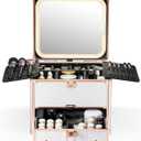 Qislee Makeup Box with Drawer and A Detachable Lighted Mirror, Waterproof Travel Train Case, Cosmetic Organizer and Makeup Suitcase with Adjustable Dividers, Magnetic LED Mirror (Bright White)