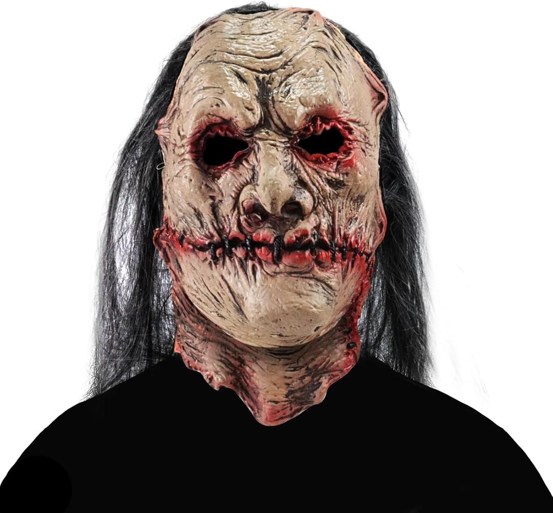 Scary Zombie Mask Realistic Old Man Mask with Hair Halloween Creepy Full Head Devil Cosplay Party Props