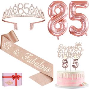 85th Birthday Party Decorations, Including 85th Birthday Sash and Crown, Cake Topper and Candles, Number Balloons, 85 Year Old Decorations Gifts Idea