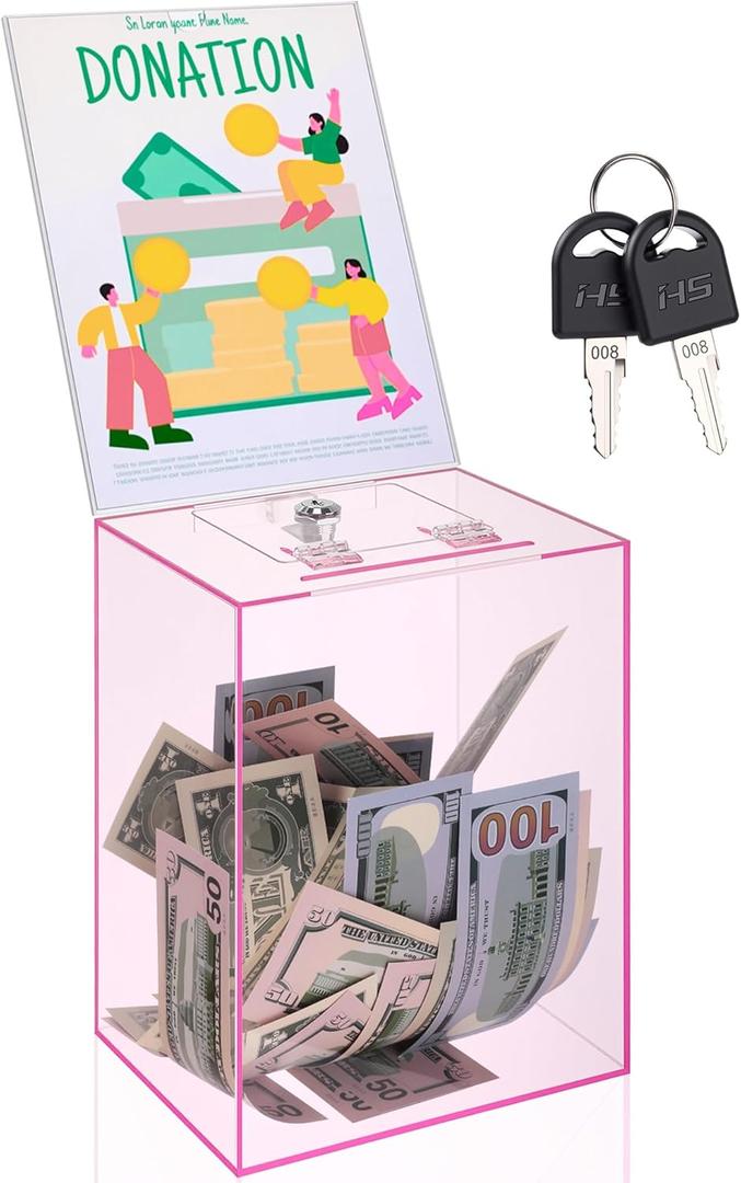 Kathfly Large Pink Acrylic Donation Box with Lock 5.9 x 7.8 x 9.8 Inch Safe Ballot Suggestion Box with Sign Holder and Slot Tip Jar Voting Collection Raffle Mailbox for Voting Fundraising Collection
