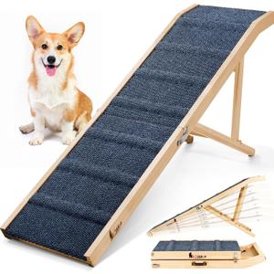 Dog Ramp for Bed, 63" Long Foldable Pet Ramp for Small Large Dogs, Dog Ramps for High Beds Car, High Traction with Platform 6 Adjustable Heights 24" to 30" Up to 220LBS, Wood (63"X 17inch)