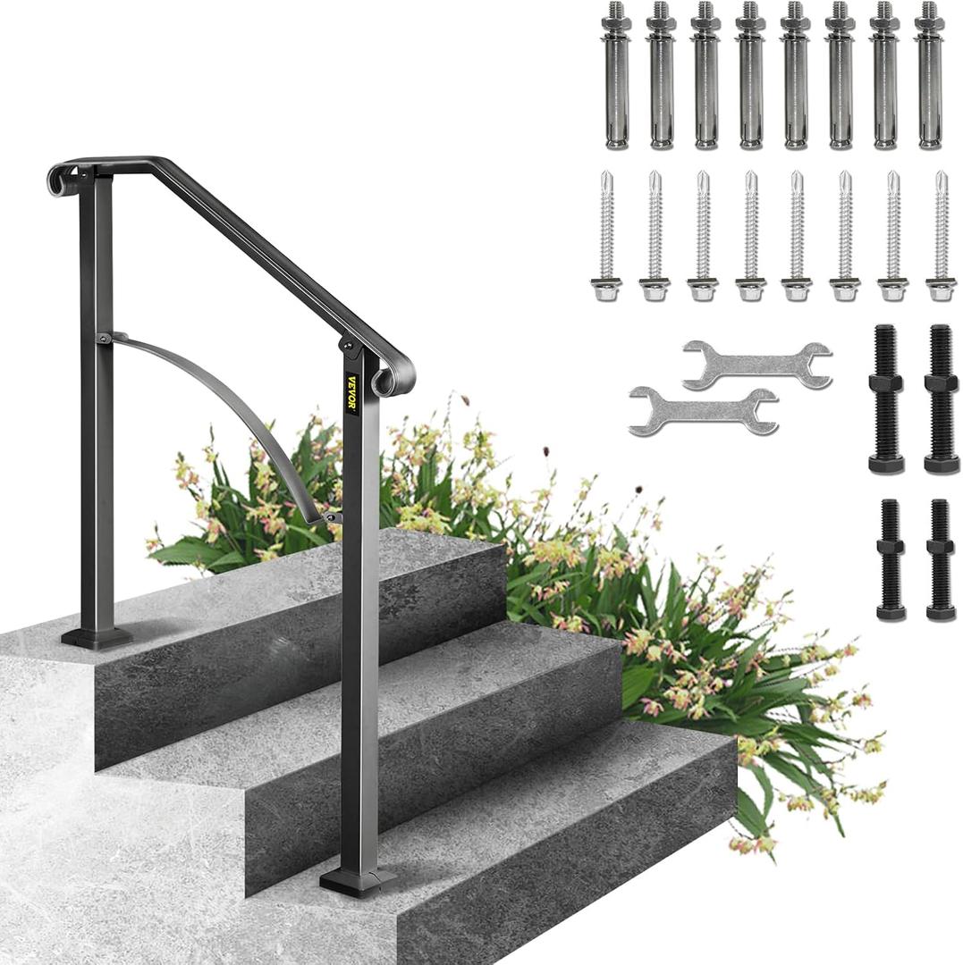 VEVOR Handrail for Outdoor Steps, 2-3 Steps Arch#2 Outdoor Handrail, Adjustable Wrought Iron Staircase Handrail, Thickened Stair Railings for Porch Railing, Deck Handrail