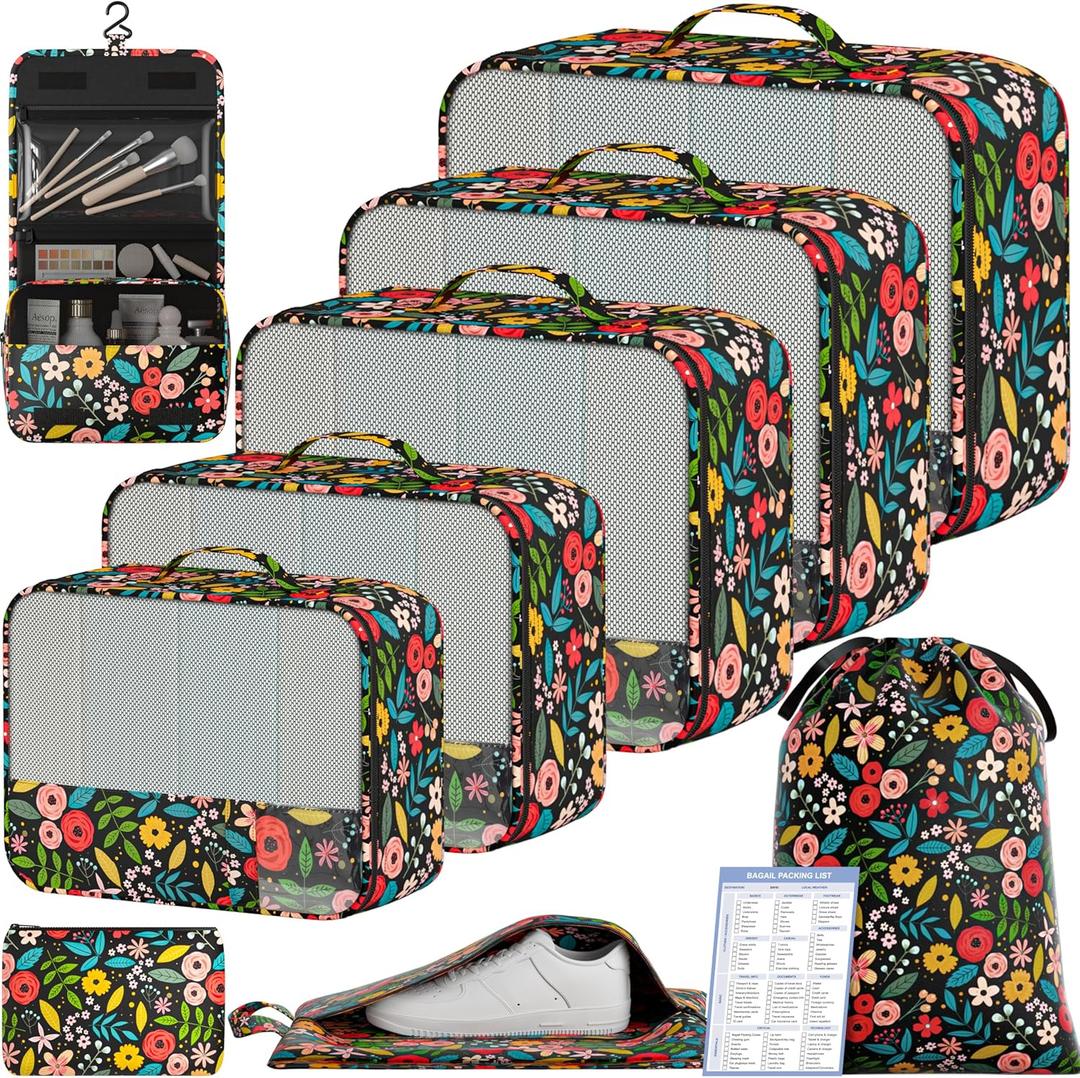 BAGAIL 9 Set Packing Cubes with Packing List Luggage Packing Organizers for Travel Accessories (Black Floral)