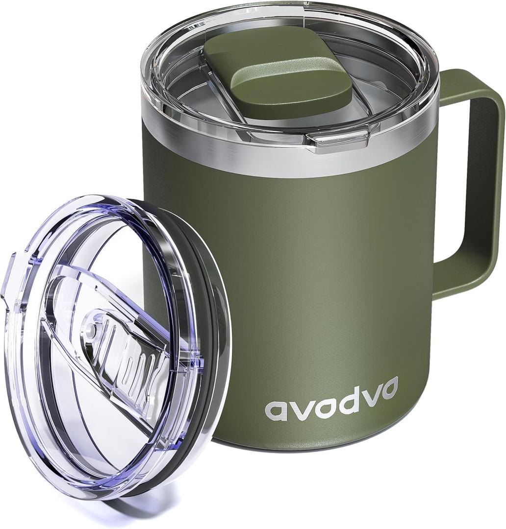 12oz Insulated Coffee Mug with Lid  Includes Two Lids, Stainless Steel Coffee Travel Mug with Handle, Double Wall Vacuum Insulated Camping Mug for Home, Office & Outdoor, Army Green