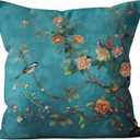 3 x Teal Chinoiserie Floral Bird Pillow Covers 18x18, Cottagecore Room Decor, Rustic Farmhouse Flower Bird Decorative Throw Pillow Covers Pillowcases for Living Room Home Bedroom