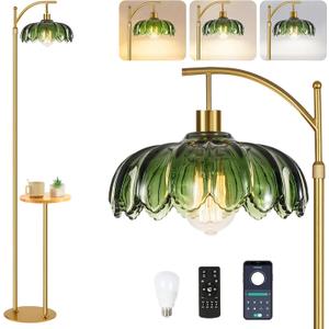 Gold Floor Lamp with Table and Shelves for Living Room Bedroom,Glass Standing Lamp with Remote Dimmable,Boho Brass Tall Lamp Vintage Farmhouse Arc Flower Floor Light Bohemian