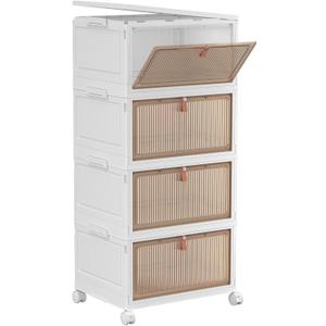 YFXCVSL 4 Tier Plastic Storage Bins with Lid 28QT - Stackable Storage Containers with Wheels, Folding Storage Boxes, Collapsible Storage Bins, Organizers and Storage (White)