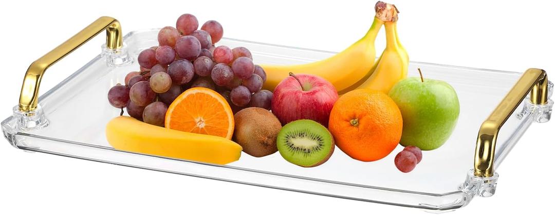 uxcell Plastic Serving Tray with Golden Handle, 12 x 8.6 Modern Rectangular Decorative Tray Acrylic Reusable Tea Platter for Countertop Bathroom Kitchen Home Restaurant, Transparent