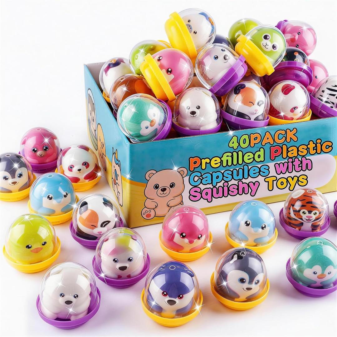 40 Pack Animal Squishy Toys in Ready-to-Give Capsules, No Assembly Required, Bulk Party Favors, Classroom Prizes, Treasure Box Toys, Prize Box Toys, Student Rewards, Back to School Gifts for Students