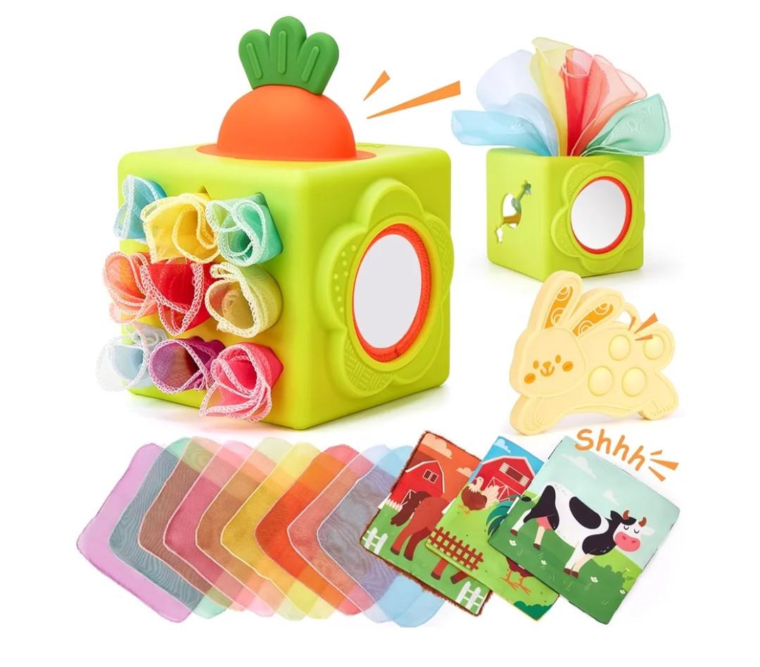 hahaland Baby Tissue Box Toy - Silicone Baby Toys 6-12 Months Montessori Toys for 6 Month Old Easter Basket Stuffers, 6-in-1 Soft Busy Activity Cube Scarves, Crinkle, Textures, Mirror, Sensory Popper