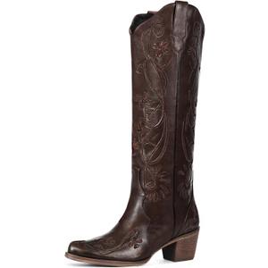 heelchic Cowboy Boots for Women, Knee High Cowgirl Boots with Classic Embroidered, Pointed Toe Chunky Heel Western Boot, Pull On Retro Vintage Tall Boot (9, Saddle Brown)