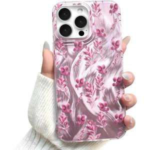 NITITOP Compatible for iPhone 12 Pro Max Case Cute Flower Floral Leave for Women Girl Glitter Shiny Feather Yarn Style Aesthetic Shockproof Hard Protective Phone Cover - Pink
