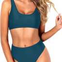 Tempt Me Women Blue Green Sporty Bikini Set Two Piece High Waisted Swimsuit Athletic Scoop Neck Bathing Suit L