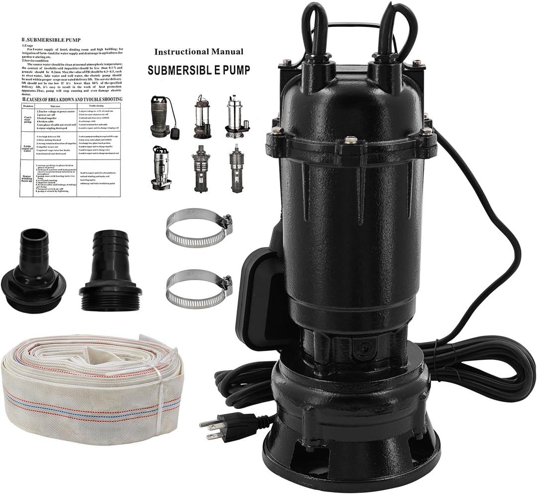 2HP 220V Submersible Sump Pump, 6498GPH Cast Iron Sewage/Effluent Pump 1500w with Automatic Float Switch and 66ft Hose for Sump Basin, Basement, Residential Sewage, 2'' NPT Discharge