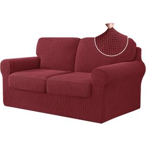 CHUN YI 5 Piece Loveseat Covers Couch Covers for 2 Cushion Couch, Stretch Sofa Slipcovers with Separate Backrest and Cushion Covers, Anti-Slip Washable Furniture Protector for Dogs Pets (Medium, Wine)