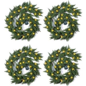 4 Pack LED Christmas Cedar Garland Lighted Artificial Pine Cypress Vines Faux Christmas Evergreen Mantle Fireplace Cascading Garland for Indoor Outdoor Table Stairs Winter Decoration (6 ft)