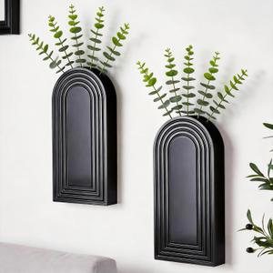 2 Pcs Wooden Wall Vase Set for Decor with 10pcs Artificial Eucalyptus Plants-Boho Hanging Planter Modern Farmhouse Wall Decor Black Wall Art for Bathroom Living Room Dining Room Bedroom Kitchen