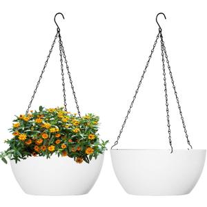 10 inch Hanging Planters for Outdoor Indoor Plants with Drainage Holes and Chain, 2 Pack Round Hanging Flower Plant Pots for Garden Home Porch Decor, White