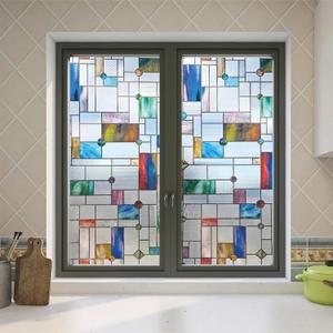Stained Glass Window Film,23.6" x 35.4" 3D Decorative Static Cling Window Privacy Film,Non-Adhesive UV Blocking Heat Control Window Film (Simple Squares)