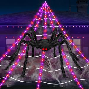 Halloween Decorations Outdoor Spider Web Lights, 23Ft 350 LED Light up Spider Web with 6.6Ft Giant Spider, 8 Modes Waterproof Timer Spiderweb Lights for Garden  Haunted House Decor, Purple + Orange