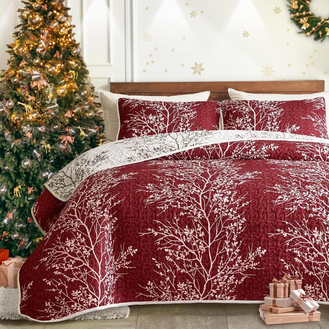 UOZZI BEDDING 3 Pieces Quilt Set Burgundy Red Branch King Size 102x88 Soft Microfiber Lightweight Coverlet Christmas Bedspread Summer Comforter Set Bed Cover for All Season (1 Quilt+ 2 Shams)
