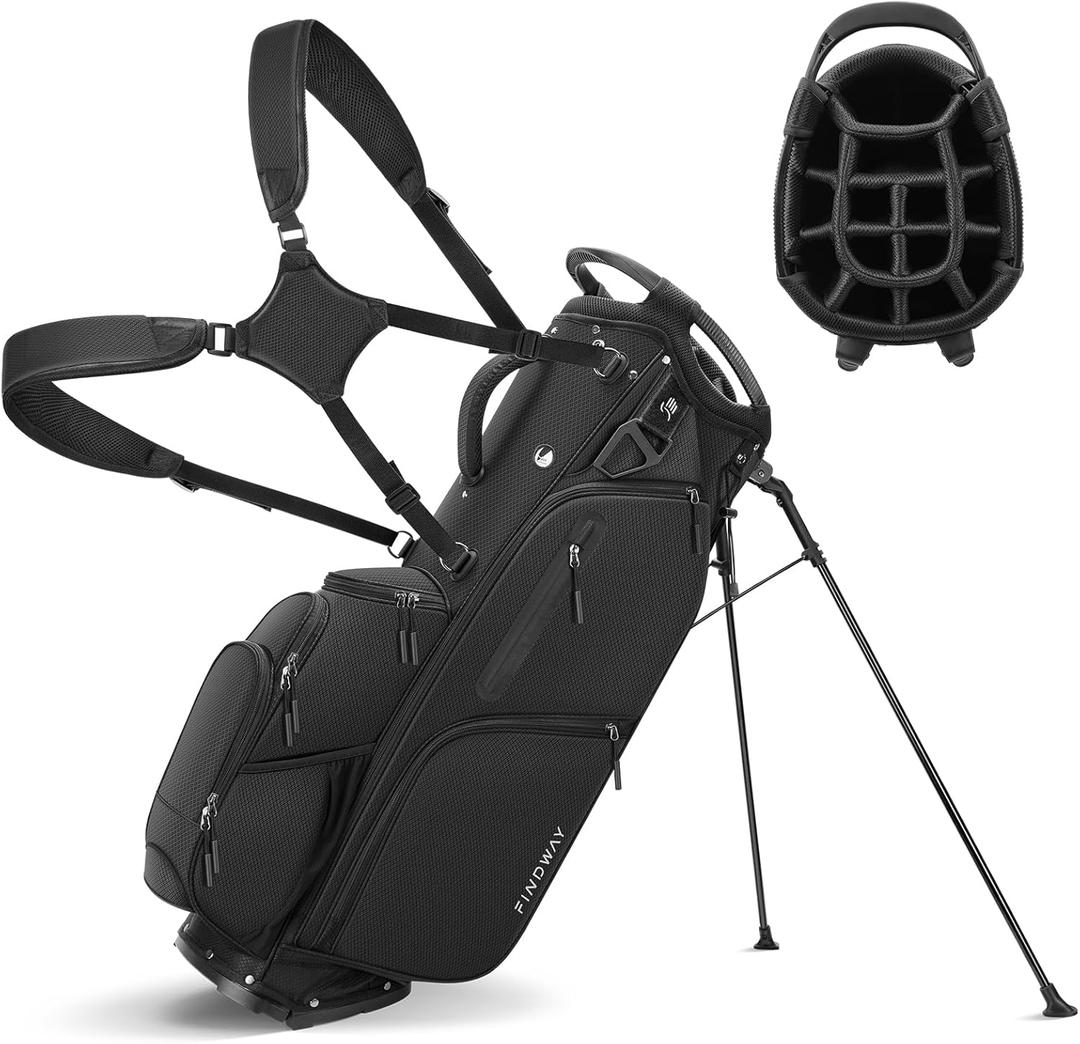 Findway 14 Way Golf Stand Bag [Upgrated Generous Space] Lightweight Golf Bag with Stand, Durable Golf Club Bag with Padded Dual Strap & Rain Cover for Men and Women (black)