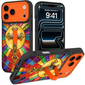 Phone Case for iPhone 17 Pro Max,Orange Cross | Finger Strap StandKickstandAnti-drop, anti-impact, 3D relief printing technology. Suitable for men women