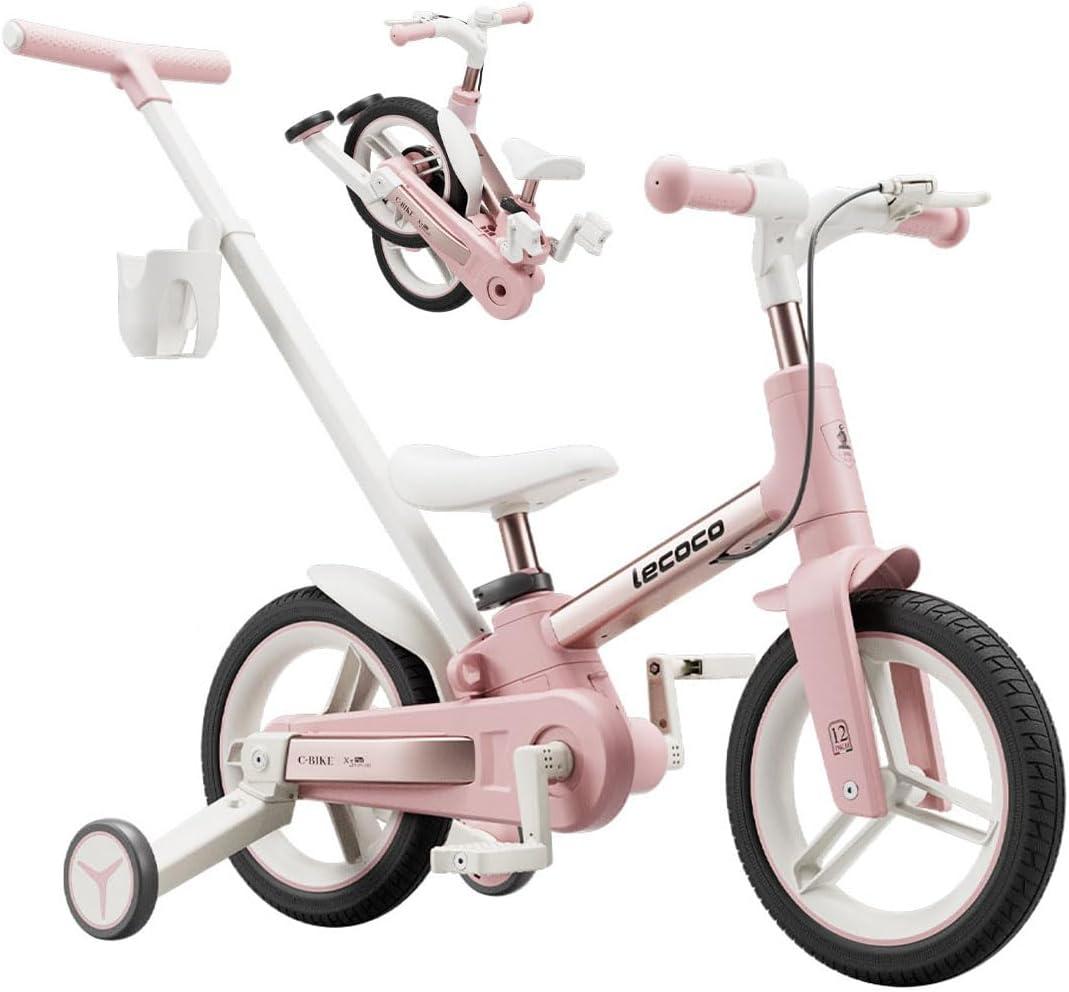 lecoco Toddler Bike with Push Handle 6 in 1 for Kids, Balance Bicycle Toys with Training Wheels, Brackes, Cup Holder, Pedal, Kickstand Birthday Gift for Boys and Girls (Upgraded) (Unicorn Pink)