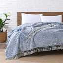 Ultra Soft Fleece Sherpa Blanket Queen Size,Lightweight Cozy Boho Bed Blanket with Decorative Tassel, Pattern Reversible, 2 Tones Ombre Blue, 90x90