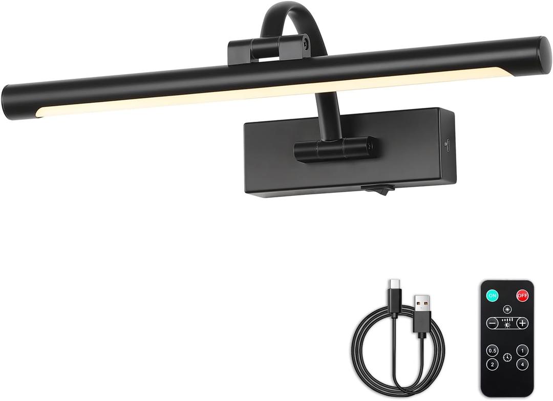 DESOOP Picture Lights Battery Operated with Remote and Dimmable Function, Rechargeable Gallery Light Black Art Light Wireless Painting Lights 16'' Inch for Display, Portrait, Artwork, Warm White