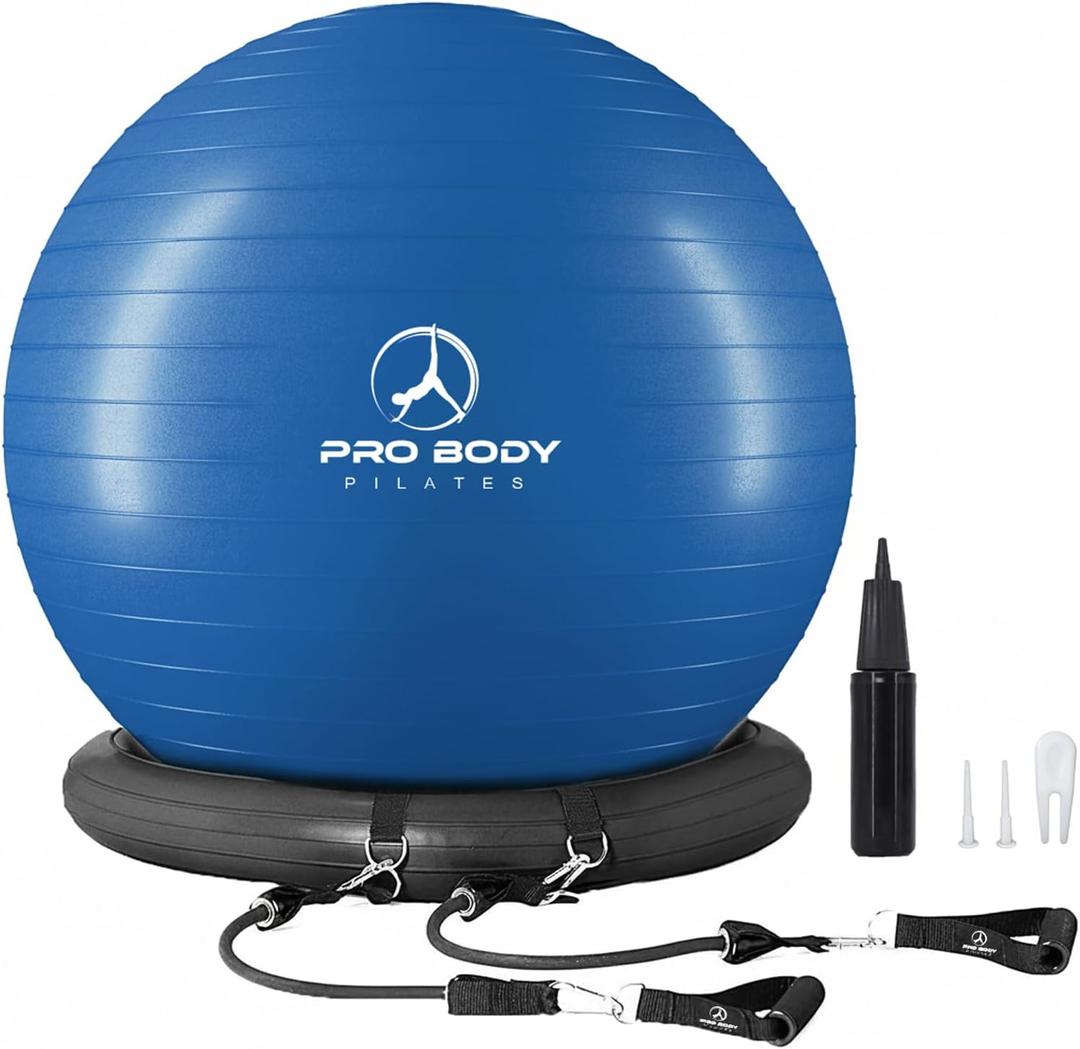 ProBody Pilates Yoga Ball Chair, Exercise Ball Chair with Base or Stand for Home Office Desk Sitting or Workout, 65cm Antiburst Balance & Stability Ball Seat, Large Gym Ball for Back, Abs (Blue with Bands)