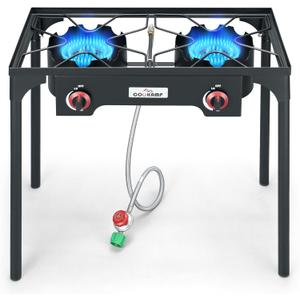 COOKAMP High Pressure Double Propane Burner Outdoor Camping Stove with 0-20 PSI Adjustable Regulator and Steel Braided Hose (Two Burner Stove)