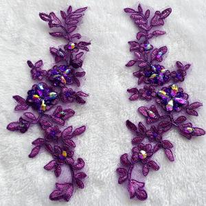 Zbroh Fine Lace Fabric Patches Embroidered Rhinestones Trim Applique Decor Dress Decoration sew on Sequins Beads Accessory one Pair (deeppurple)