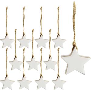 AuldHome Design Farmhouse Star Ornaments (12-Pack, White); Wood w/White Enamel 2-Inch Star Christmas Decorations, Retro Vintage Enamelware Style