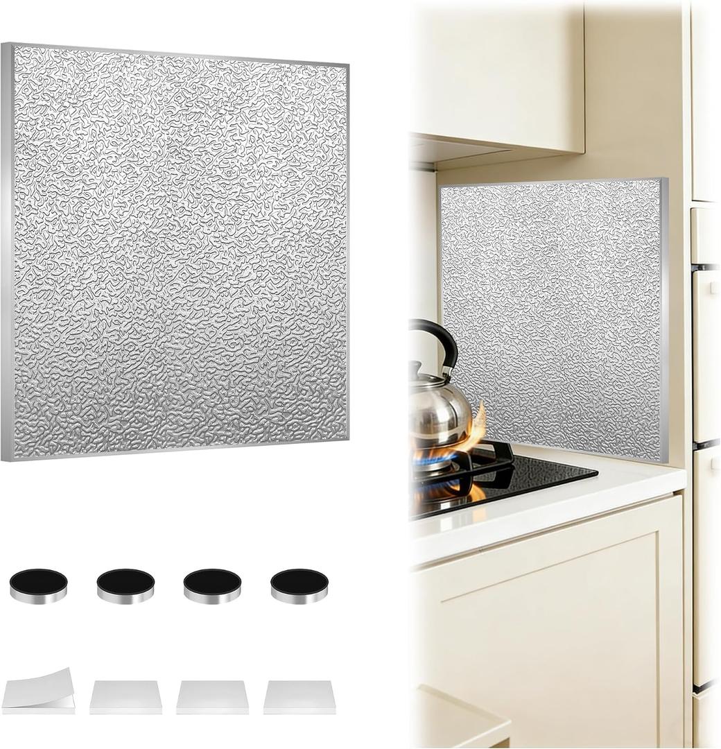 Aluminum Heat Shield Board, 23.6x23.6in Magnetic for Stove Fridge Fireplace | 392F Heat Resistant, Oil-Proof, Polyurethane Foam Core, Drill-Free Install, for Kitchen Oven Protection, Easy Clean