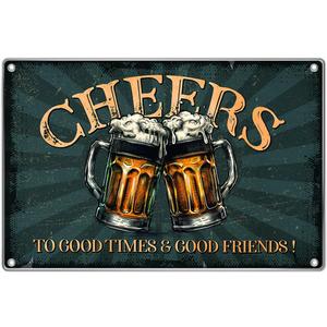 Vintage Bar Decor Pub Cheers Metal Sign 12 x 8 Inch Wall Decoration For Man Cave Home Beer Lovers To Good Times And Friends Plaque Art Aluminum Outdoor Kitchen Indoor (Funny)