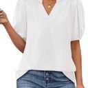 PRETTYGARDEN Womens Casual Summer Tops 2025 V Neck Short Puff Sleeve Pleated Cotton T Shirts Loose Dressy Blouses (XX-Large)