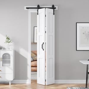 FREDBECK 30X84(Double 15x84) White Bifold Barn Door Sliding Bi fold Doors Bi-fold Folding with 34" Hardware Kit & Handle,Solid MDF Door with Water-Proof PVC Surface for Closet,Assembly Required