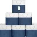 13x13 Inch Cube Storage Bins with Reinforced Bottom Cardboard, 6 Pack Large Collapsible Fabric Storage Cubes with Handles for Shelf, Closet, Toy, Laundry Organization (White&Navy Blue)