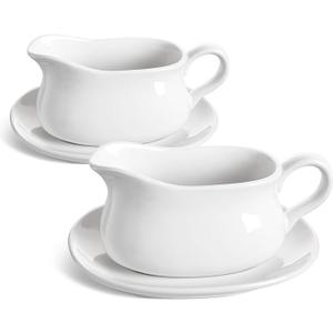 LE TAUCI 17oz Gravy Boat with Saucer Stand, Set of 2, Ceramic Sauce Boat with Tray for Salad Dressings, Creamer, Broth, Black Pepper, White