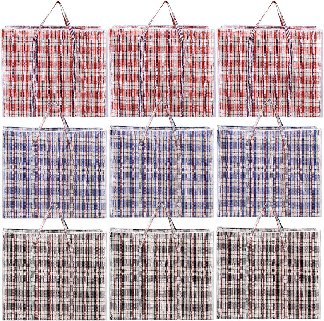 Hiceeden 9 Pack 108L Checkered Moving Storage Bags, Extra Large Travel Plaid Bag Alternative to Moving Boxes, Dorm Laundry Tote Organizer with Zipper and Handle for Clothes, Bedding, Red/Blue/Black