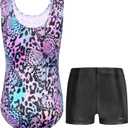 Nymphperi Girls Gymnastics Leotards 2 Piece Shiny Sleeveless Bodysuits with Sparkly Breathable Shorts Suit