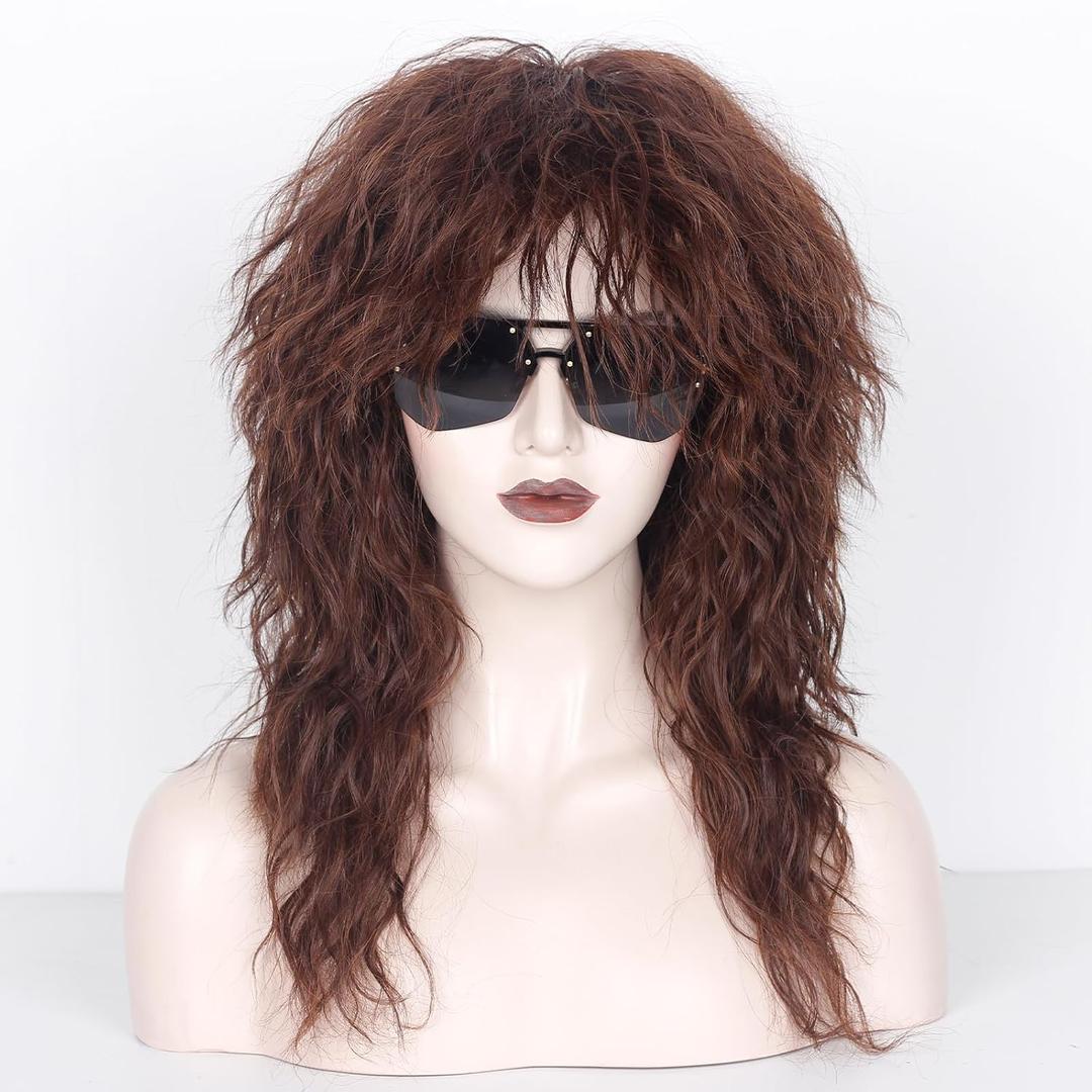 WeKen 80s Costumes for Men and Women Long Curly 80s Rock Brown Mullet Wigs for Adults 80s Party Halloween Cosplay Accessories