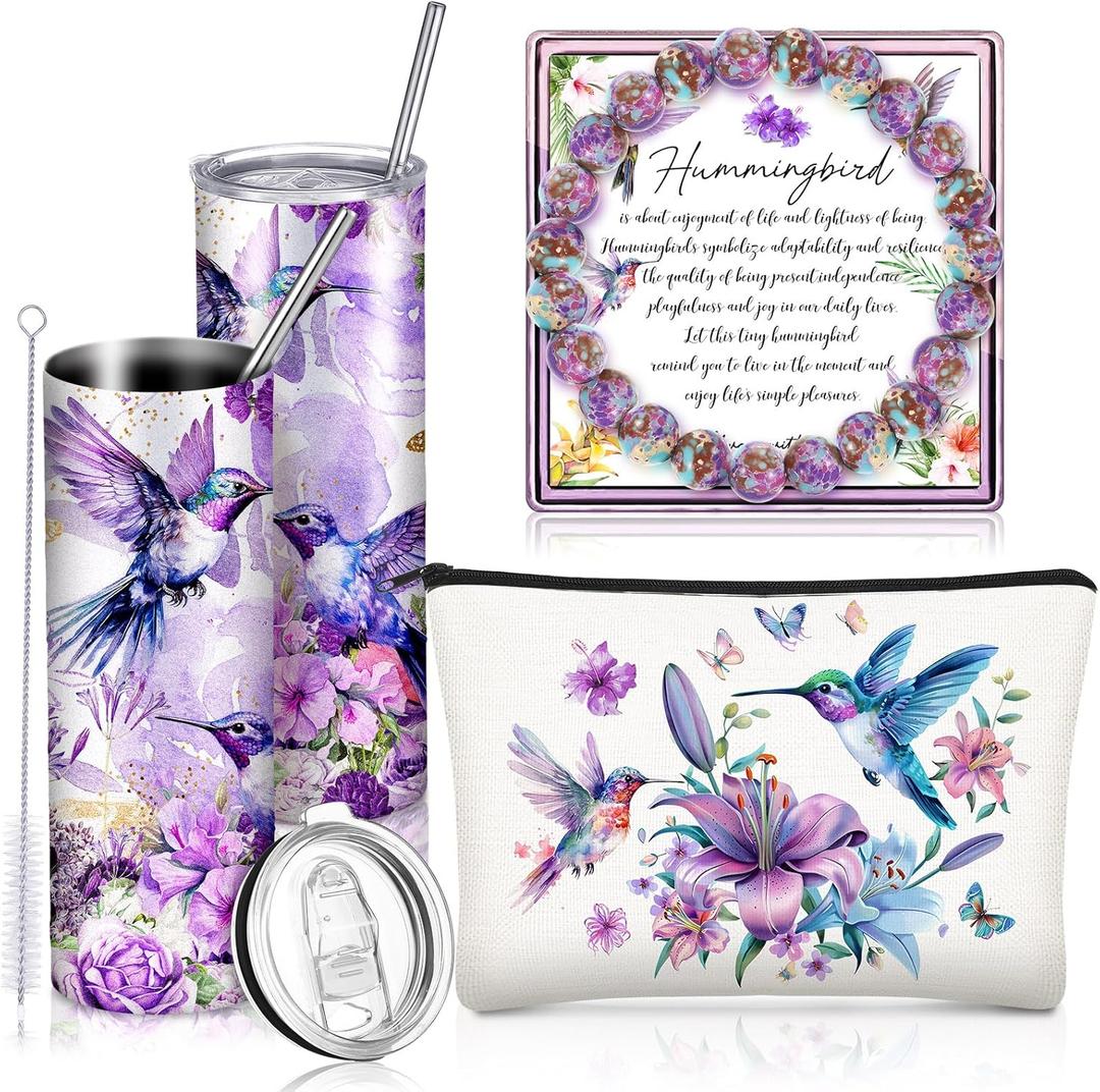 Skylety 3 Pcs Christmas Purple Hummingbird Gift for Women 20 oz Stainless Steel Insulated Tumbler with Straw and Brush Bracelet Makeup Bag Inspirational Gift for Thanksgiving Teacher Birthday