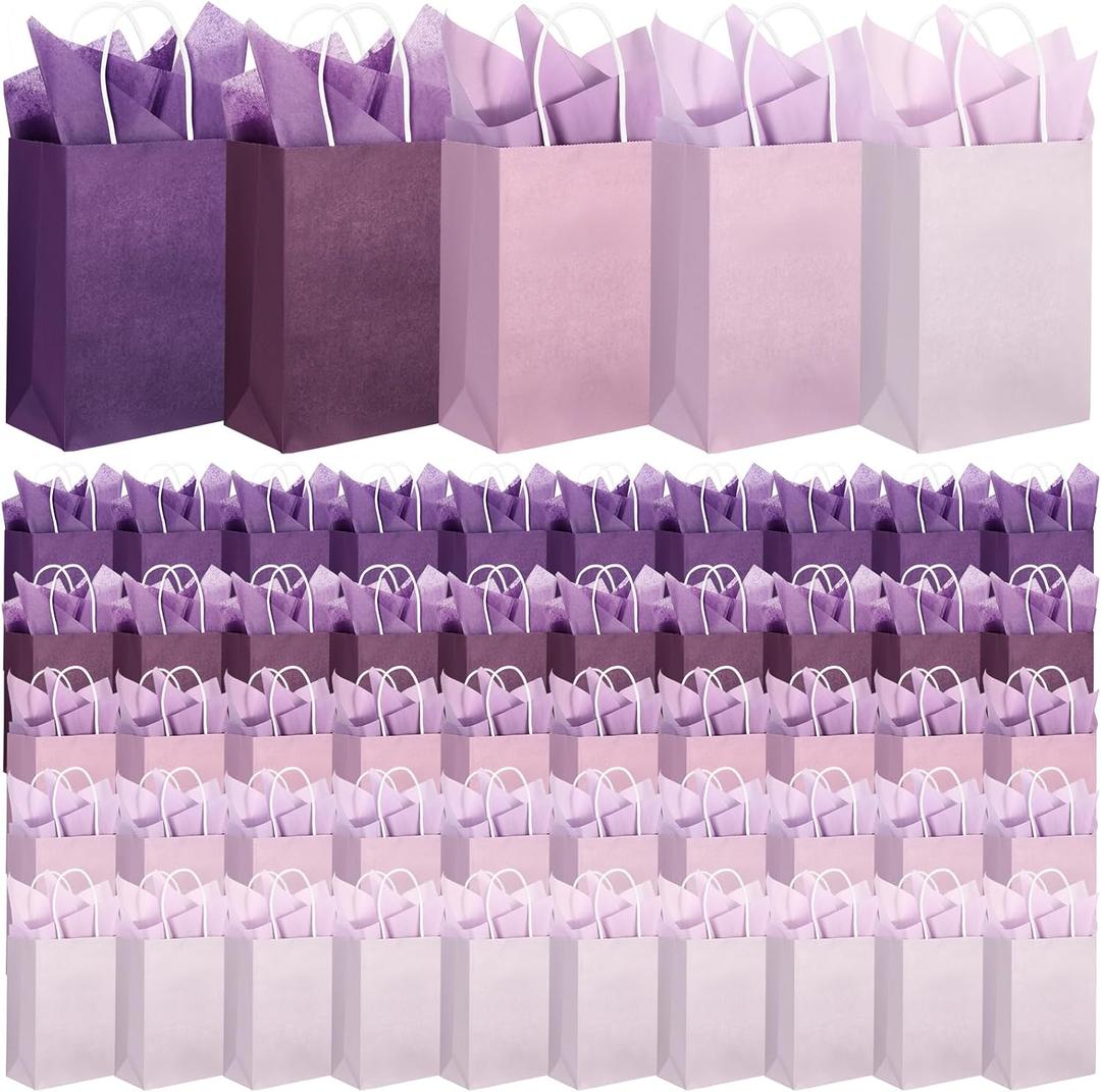 Kolldenn 50 Set Gradient Purple Gift Bags with Tissue Paper 8.27 x 5.91 x 3.15 Inch Small Paper Bags with Handles Thank You Gift for Baby Shower Bridal Shower Wedding Party Favors Goodies