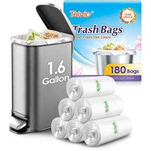 Teivio 1.6 Gallon 180 Counts fit 5-6 liter 1.5 gallon Small Trash Bags Garbage Bags, Bathroom Trash Can Bin Liners, Small Plastic Bags for home office kitchen, Clear