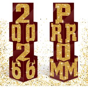 Queekay 8 Pcs Prom Column Standup Photo Booth Decorations 2026 Prom Backdrop Balloon Boxes Cardboard Decoration Column for Party College, 11.8 x 44.9 Inch(Maroon, Gold)